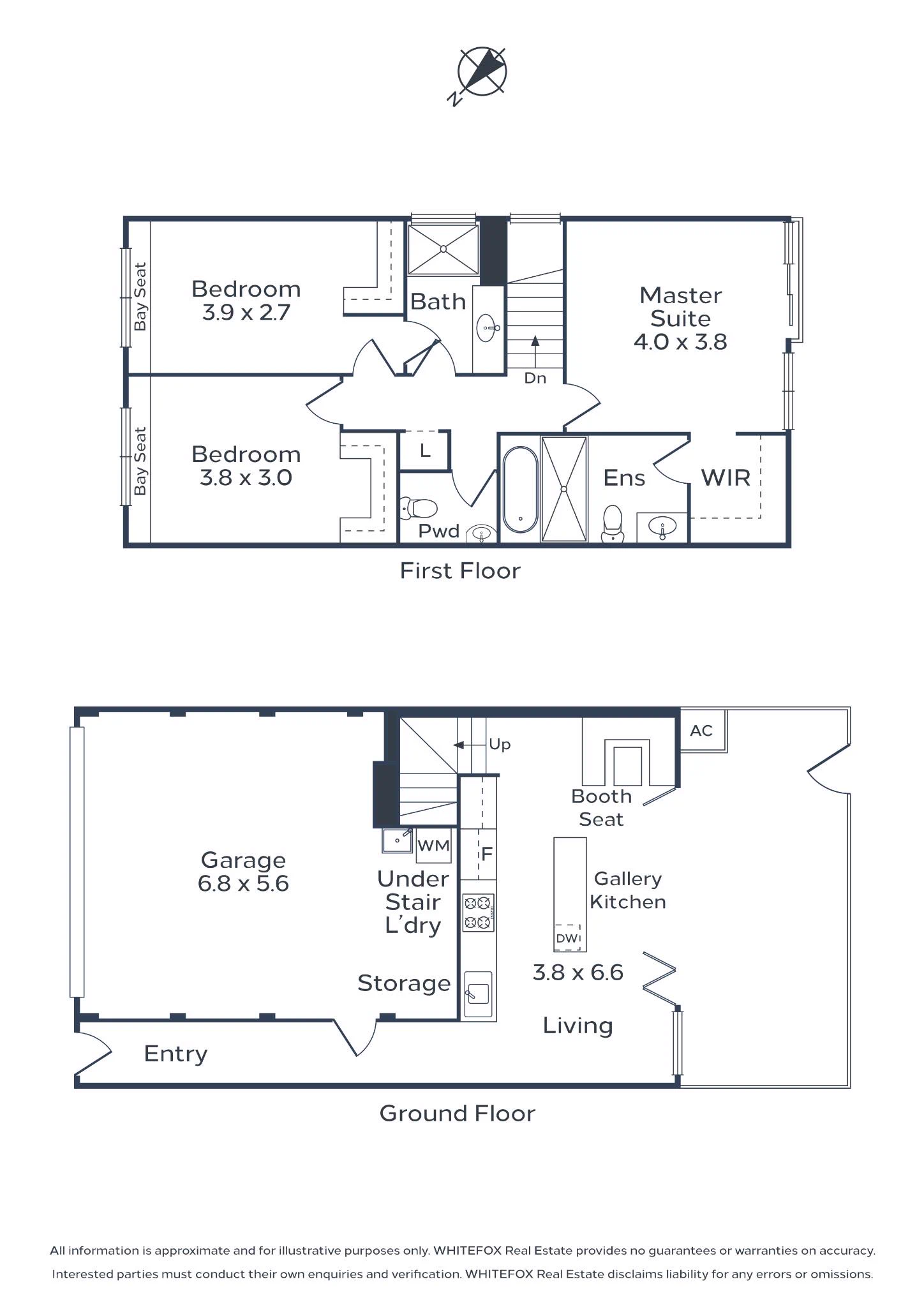Floorplan over two levels. Ground floor: entry, double garage, under-stair laundry, storage, gallery kitchen and living opening to the courtyard. First floor: master suite with walk-in robe and ensuite, two further bedrooms with bay seats, bathroom and powder room.